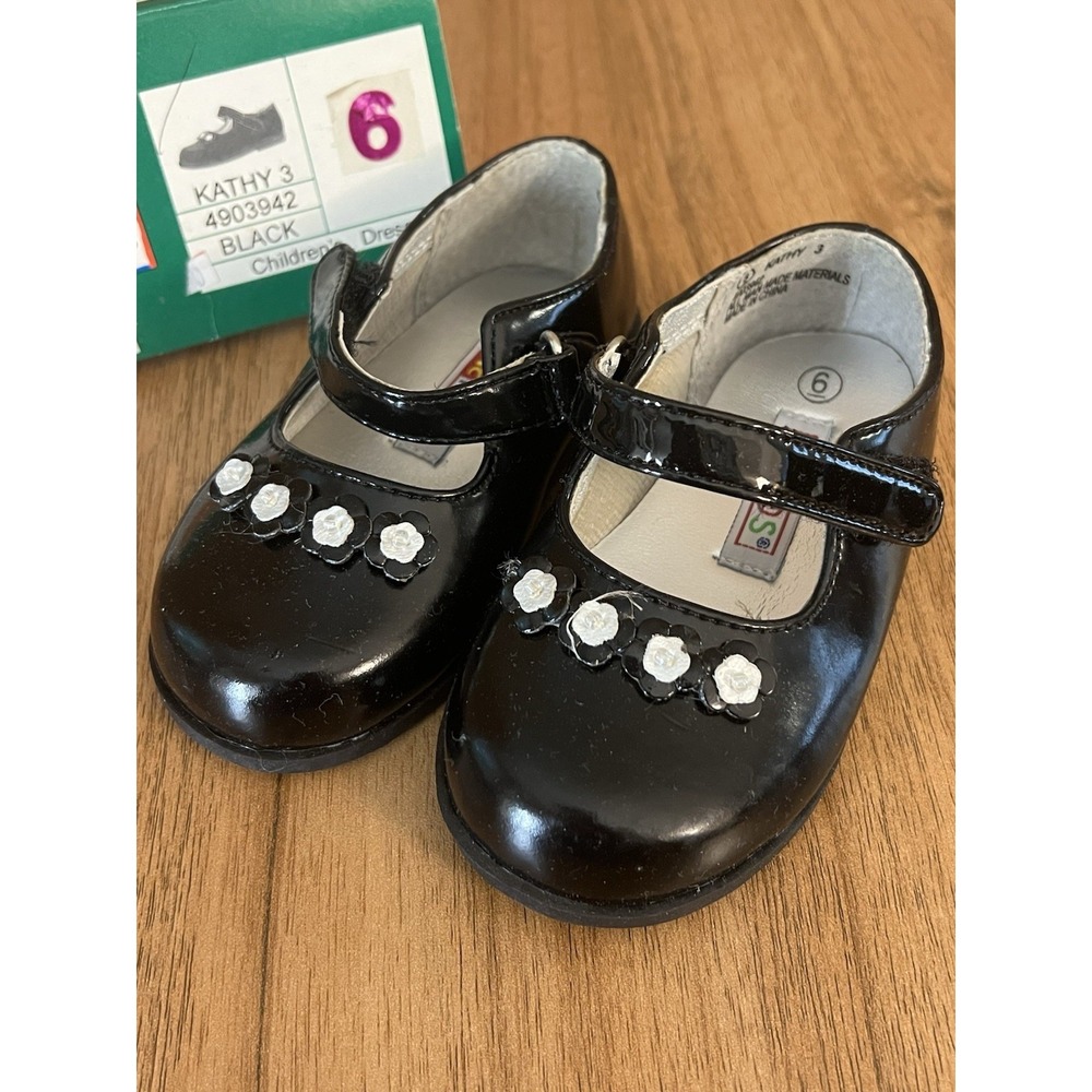 McKids Vintage Girls Black Dress Shoes Mary Jane White Buttons Kathy 3 Sz 6 NEW
